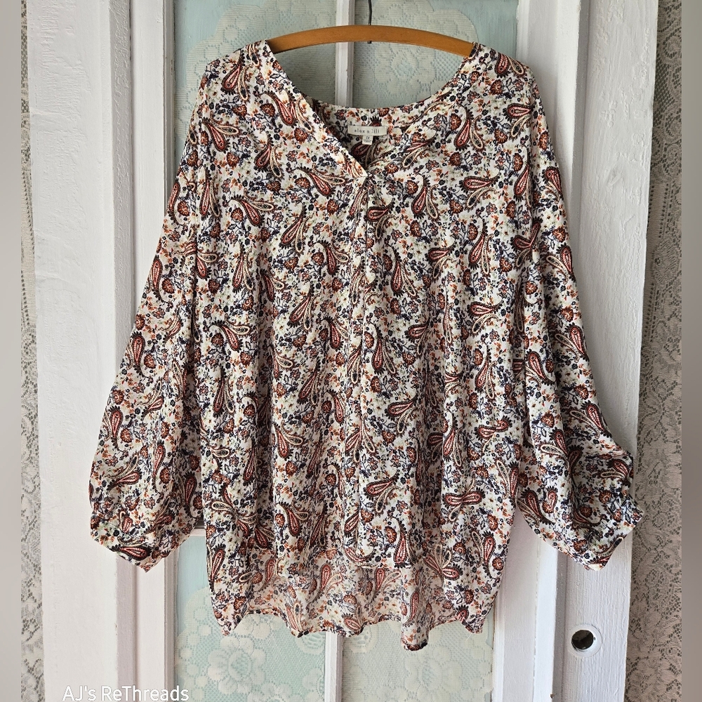 Alex & Lili Paisley Boho Long Sleeve Blouse 1X – Flowy Autumn Top
